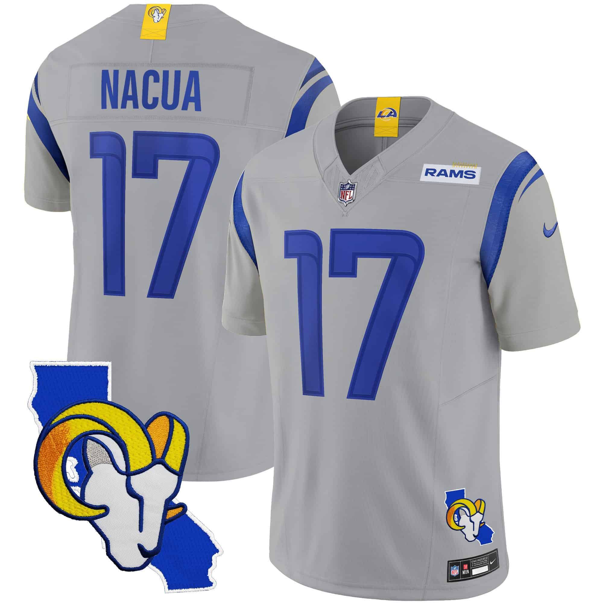 Men Los Angeles Rams 17 Nacua Grey 2024 Nike California Patch Vapor Limited NFL Jersey style 1